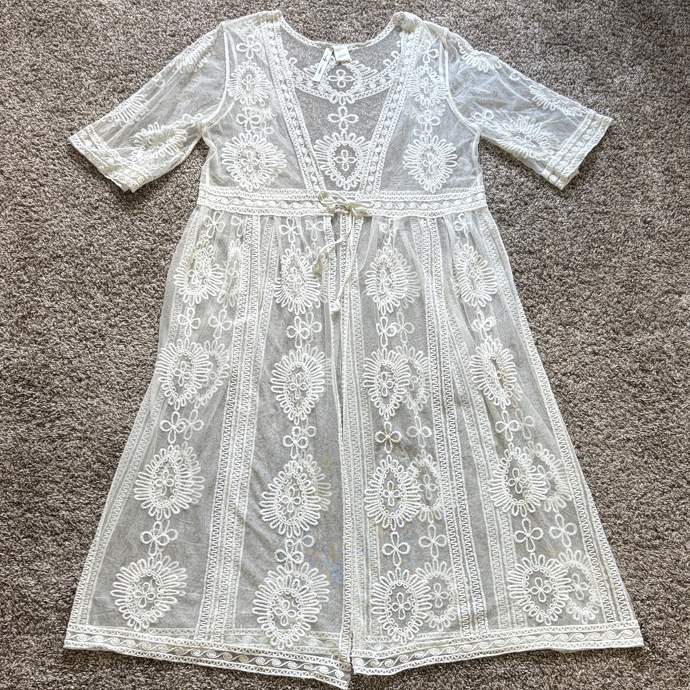 Women’s Boho Ivory Sheer Lace Cover Up Maxi Dress Cotton Size XL